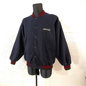 letterman wool jacket vintage navy wool with Avon Tyres patch size M
