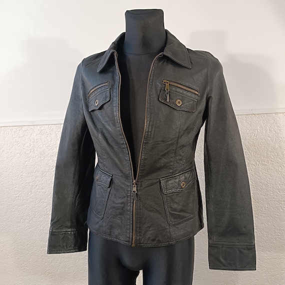 vintage Black motorcycle leather jacket women, 80… - image 1