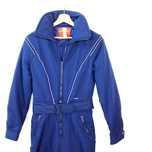 Vintage 70s Two-Piece Ski Suit, Retro Winter Sports Jumpsuit, Small Navy Tracksuit