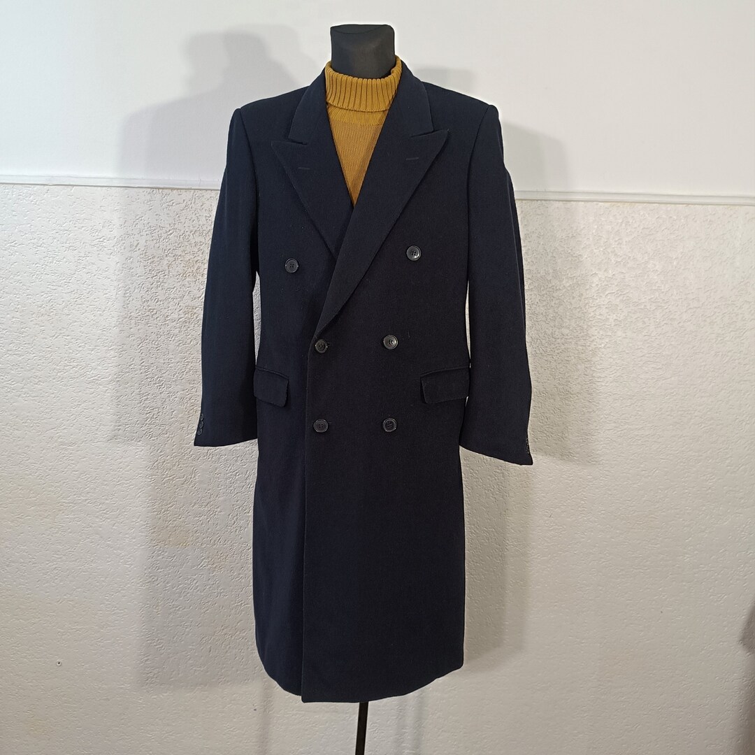 Navy Double Breasted Coat, Tailored Coat Men, Cashmere Coat, Navy Wool