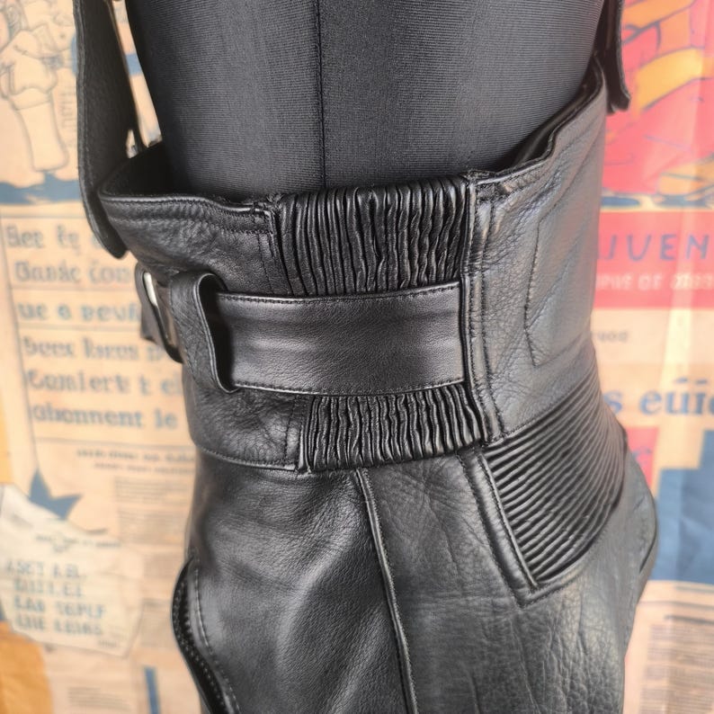 Black Biker Overalls Women Vintage Leather Pants, Black High-Waist Motorcycle Style, 40 Large Size