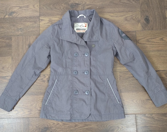 Grey Trench Coat Double Breasted Cotton - Women's Small Spring Military-Style Jacket