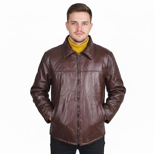 Giacca in pelle da uomo patchwork vintage marrone cioccolato M retrò con cerniera stile classico