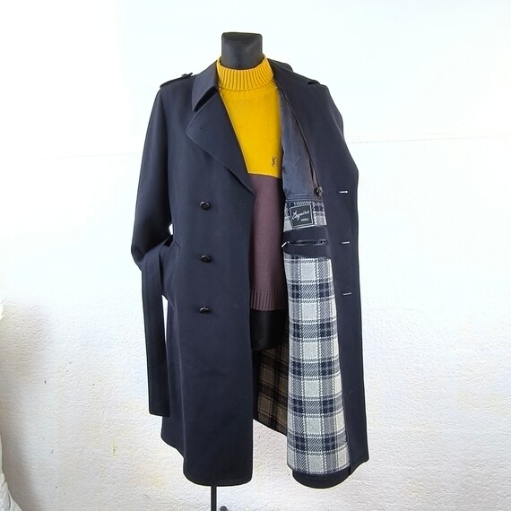Vintage 80s Navy Double-breasted Wool Trench Coat With Plaid Vintage 80s Navy Double-breasted Wool Trench Coat With Plaid