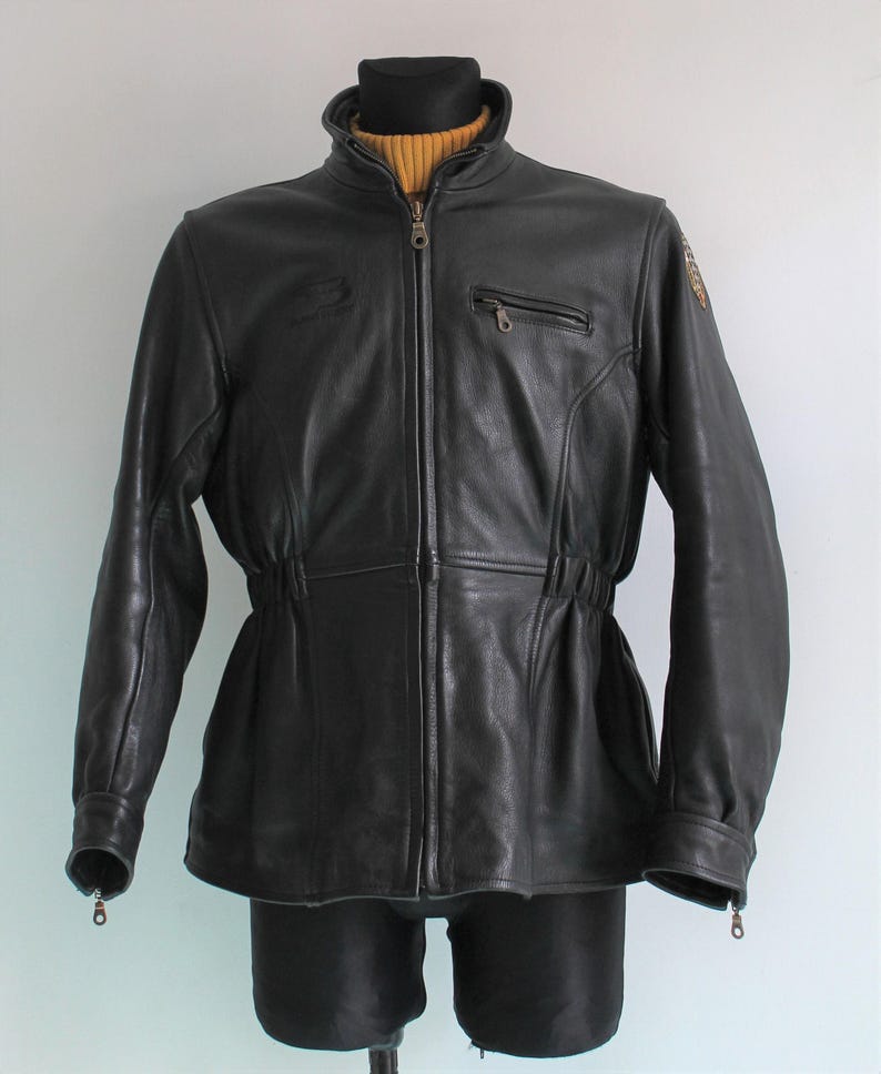 Motorcycle Jacket Women Vintage Cow Leather Black Cafe Racer Size 42 Large