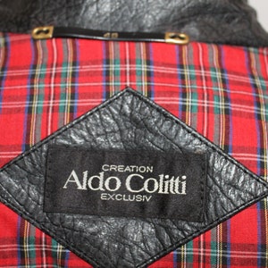 Vintage Italian 80s Black Leather Motorcycle Bomber Jacket with Plaid Liner Size L