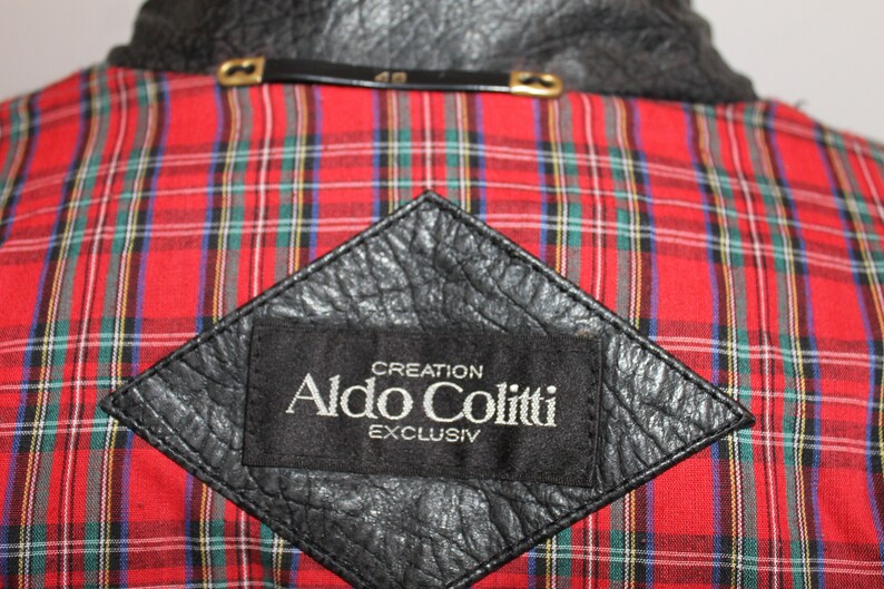 Vintage Italian 80s Black Leather Motorcycle Bomber Jacket with Plaid Liner Size L