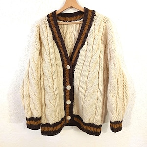 Vintage 80s V-Neck Cable Knit Wool Cardigan - Chunky Beige Sweater Jacket (M/L)