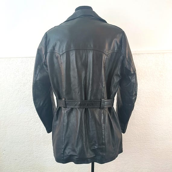 Vintage 70s Black Leather Detective Trench Coat - Mid-century Noir