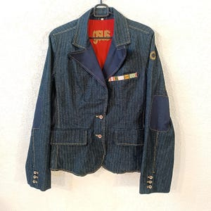 Navy Cotton Blazer: Striped Elbow Patch Embroidered Denim Jacket Medium