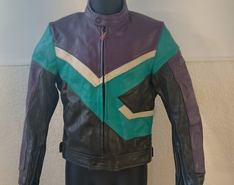 Vintage Motorradjacke Herren, Motorrad Lederjacke, Racer Jacke, Bunte Jacke, POLO Jacke, Vintage Moto Jacke Größe 52 Medium