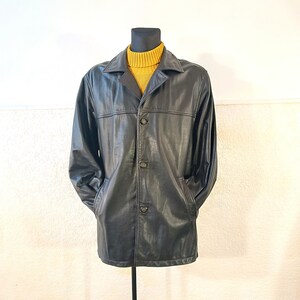 Veste en cuir noir, veste Petroff, veste en cuir boutonnée, veste en cuir vintage hommes, veste vintage, veste trench en cuir taille grande