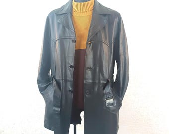 Vintage 70s Black Leather Detective Trench Coat - Mid-Century Noir Inspired Outerwear for Men & Women