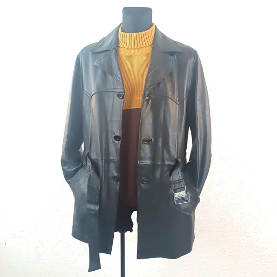 Black Leather Trench Coat Vintage 70s Belted Detective Coat - Mid