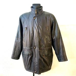 leather trench coat men vintage 80s black long jacket size large
