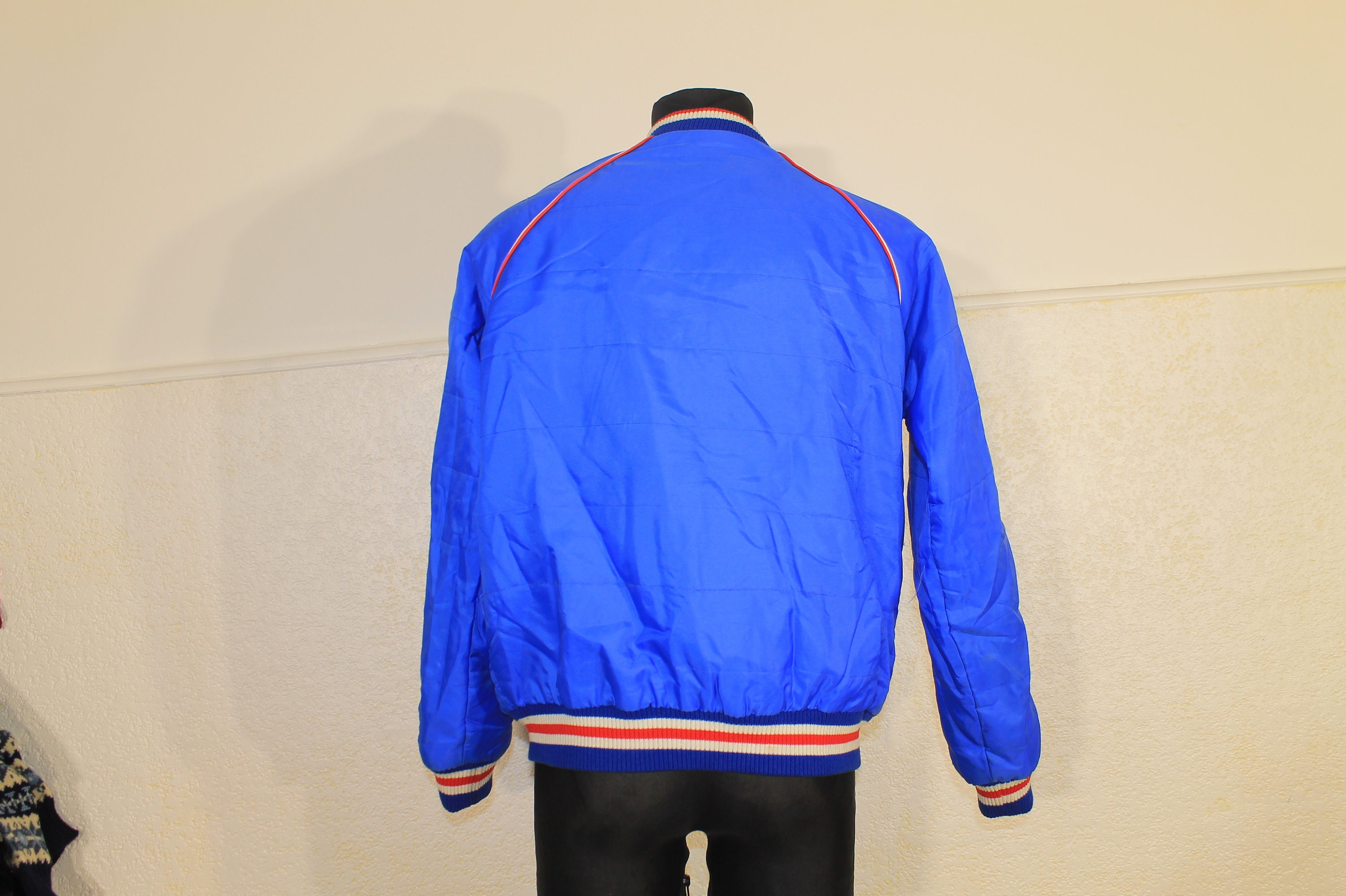 Vintage Bomber Jacket Navy Padded With Retro Patches, Medium Size