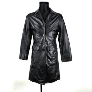 Black leather coat Saki Women's, Vintage Gothic Long Sheepskin Leather Trench - Medium Size