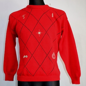 Vintage Red Pullover: 80s Italian Embroidered Cotton Blend Jumper Medium