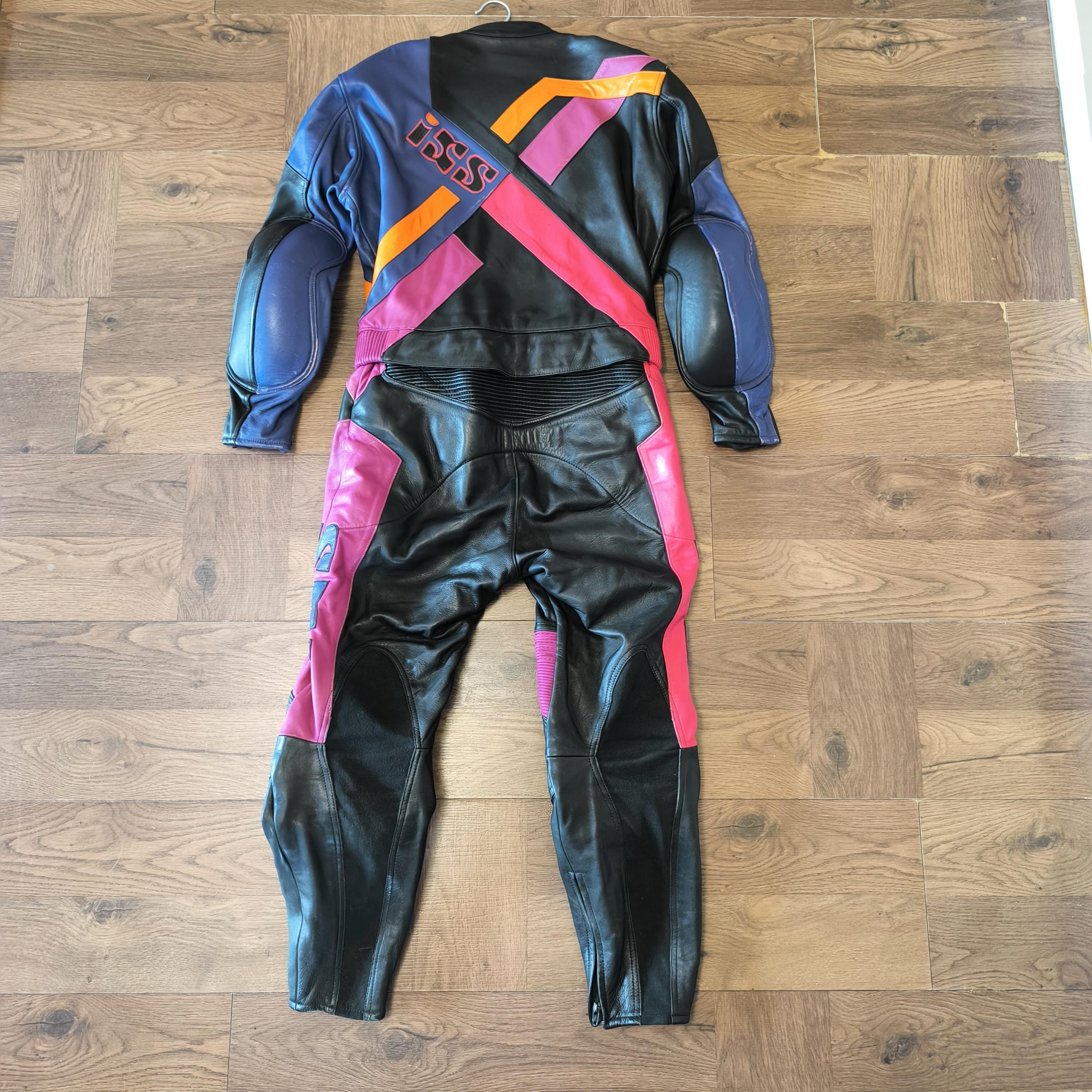 IXS Leather Suit Vintage 80s Two-piece Colorful Motorcycle Racing