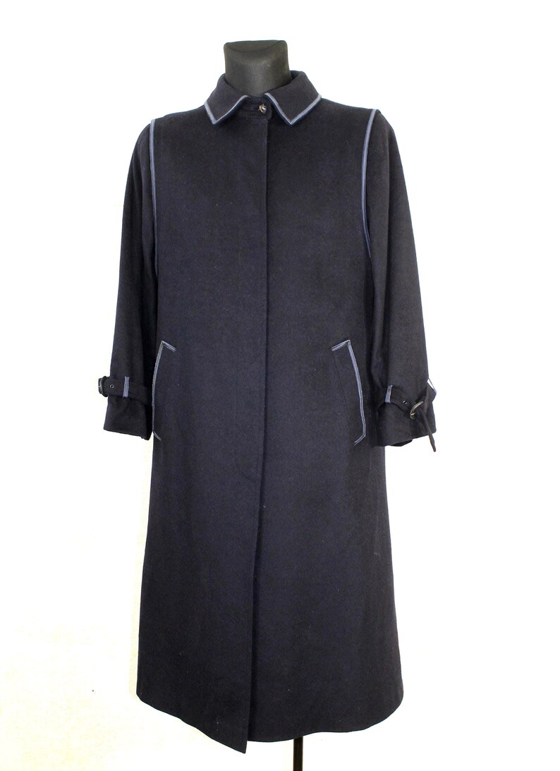 Vintage 80s Navy Wool Tyroler Loden Overcoat - Gothic Style Winter Trench for Women, Medium Size