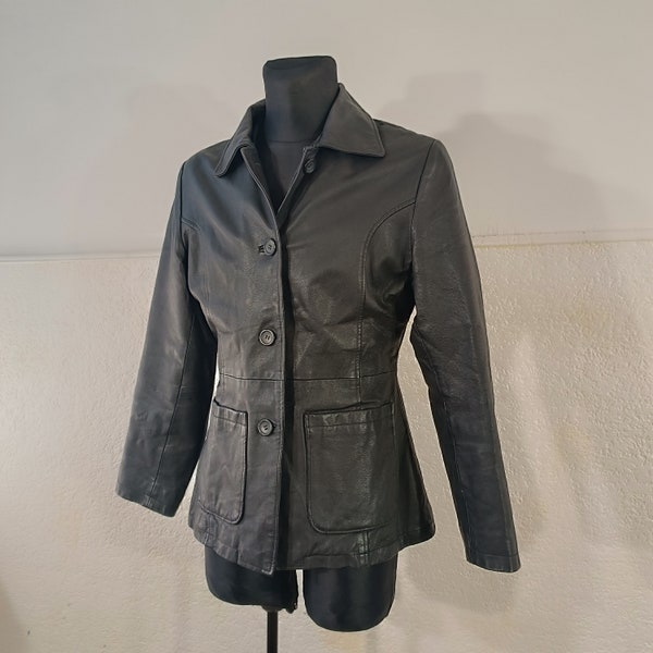 Blazer-Lederjacke, schwarze taillierte Jacke, schwarze Vintage-Lederjacke, geknöpfte Lederjacke, Detektivjacke, kurze Lederjacke M