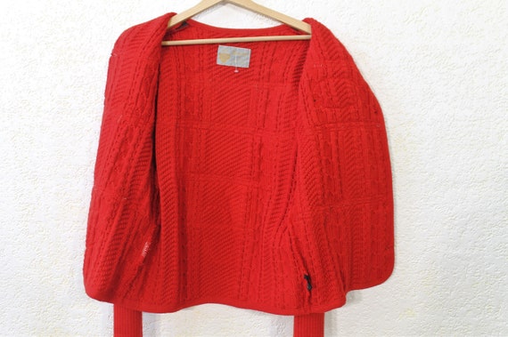 Cable Knit Cardigan, Puff sleeve wool Jacket, Red… - image 9