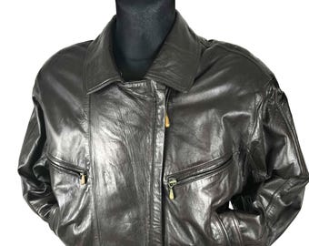 Bomber Jacket Women 80s Dark Brown Leather Medium Vintage Motorcycle Style