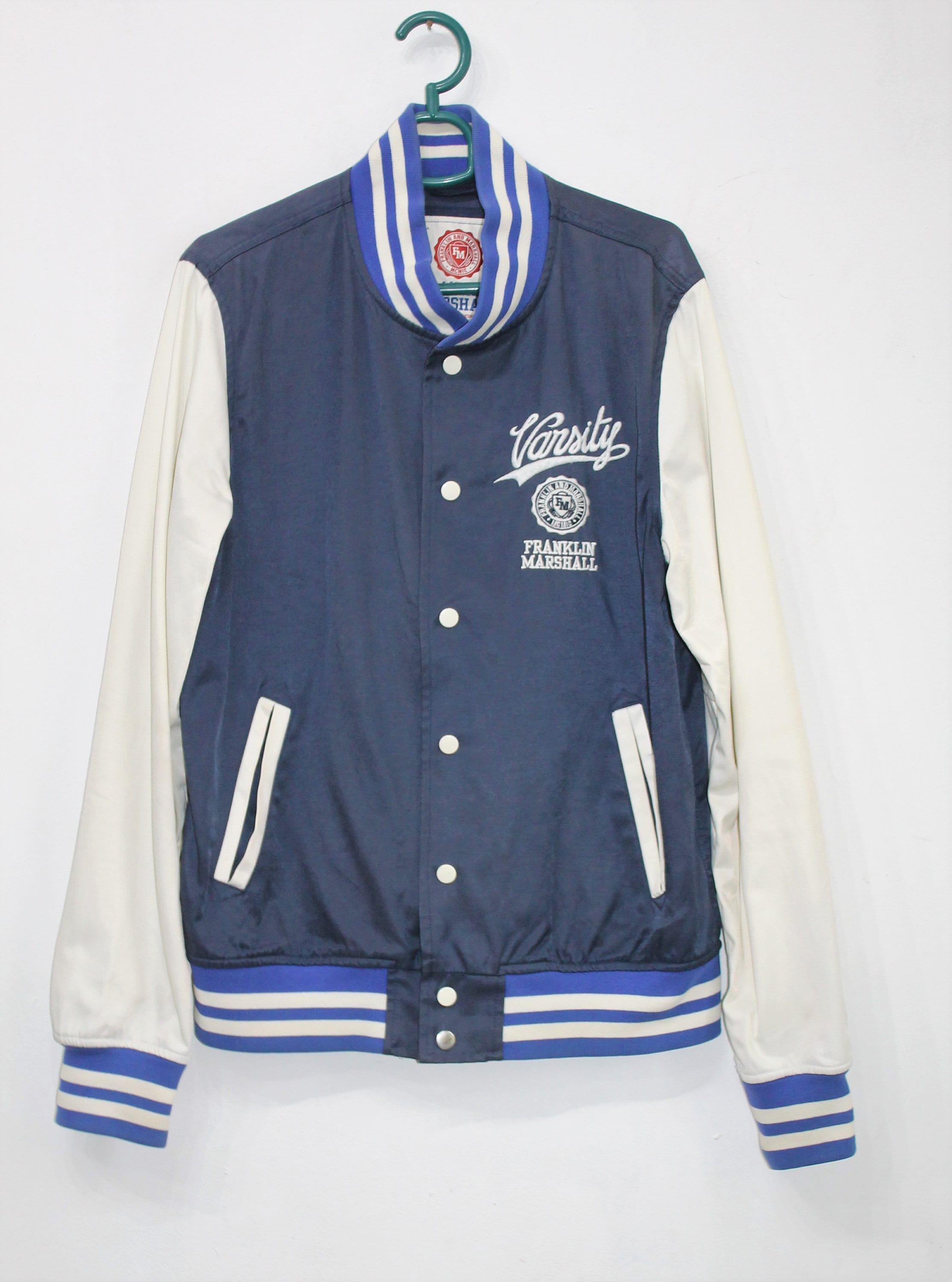 Veste Varsity Franklin & Marshall Vintage – Bleu Gris, Taille L, Cuir Et Polaire, Très Bon état