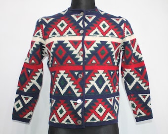 Vintage 80s British Wool Cardigan PALETTE Multi Jacket Cardigan Made in UK Pure Wool Jacket Geometric Women Boho Jacket Small