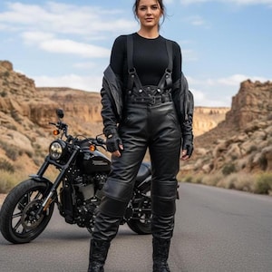 Black Biker Overalls Women Vintage Leather Pants, Black High-Waist Motorcycle Style, 40 Large Size