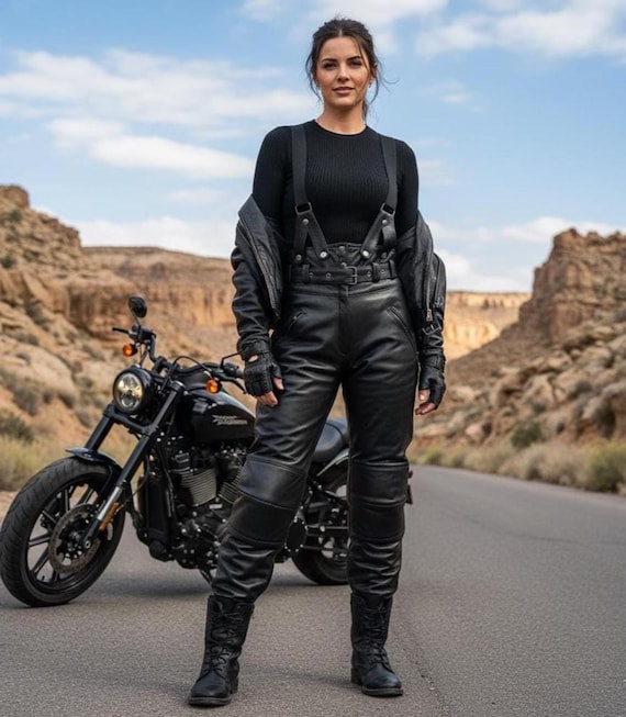 Black Biker Overalls Women Vintage Leather Pants, Black High-Waist Motorcycle Style, 40 Large Size