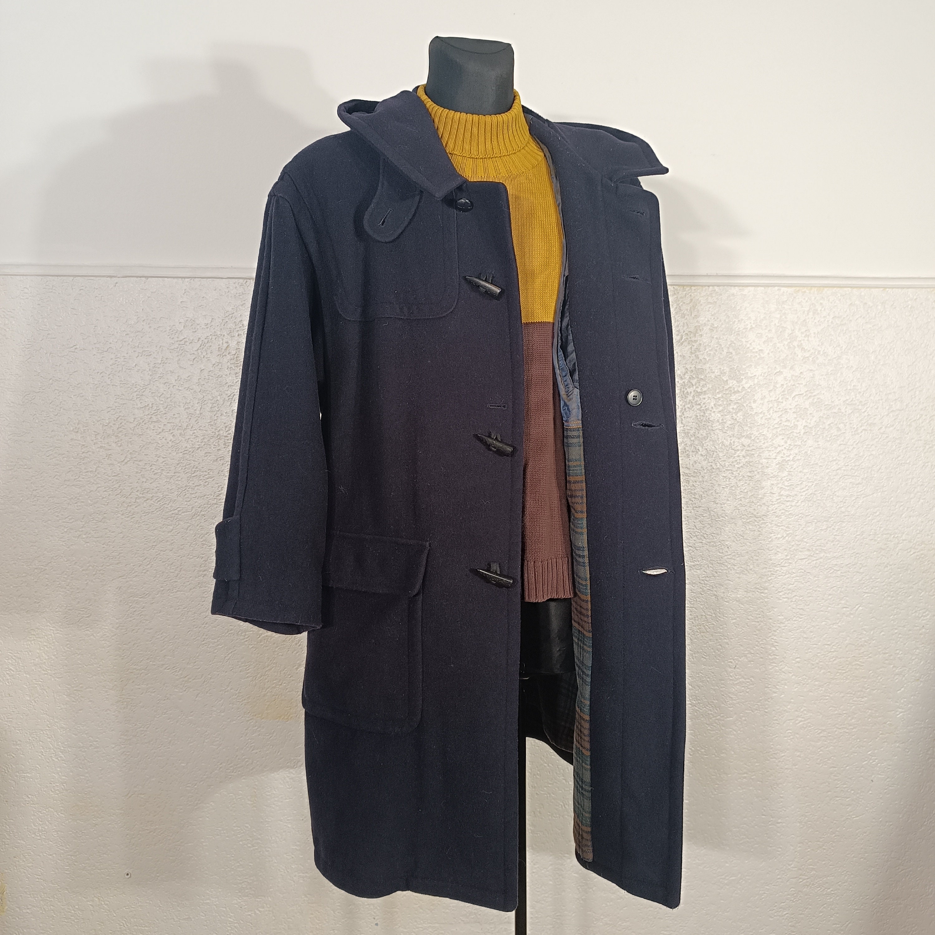 Navy Wool Coat, Vintage Duffle Coat, Vintage Hooded Coat