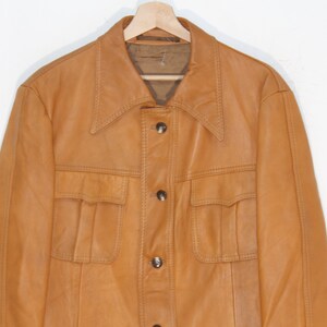 Vintage 70s Tan Safari Leather Jacket for Men - Genuine Brown Retro Outerwear, Size Medium