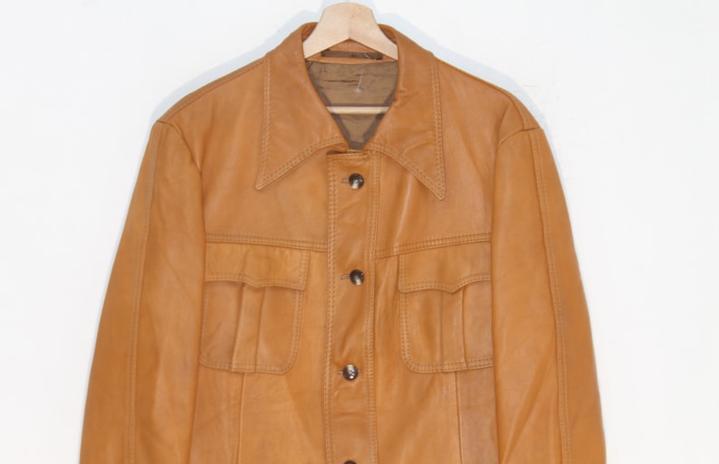 Vintage 70s Tan Safari Leather Jacket for Men - Genuine Brown Retro Outerwear, Size Medium