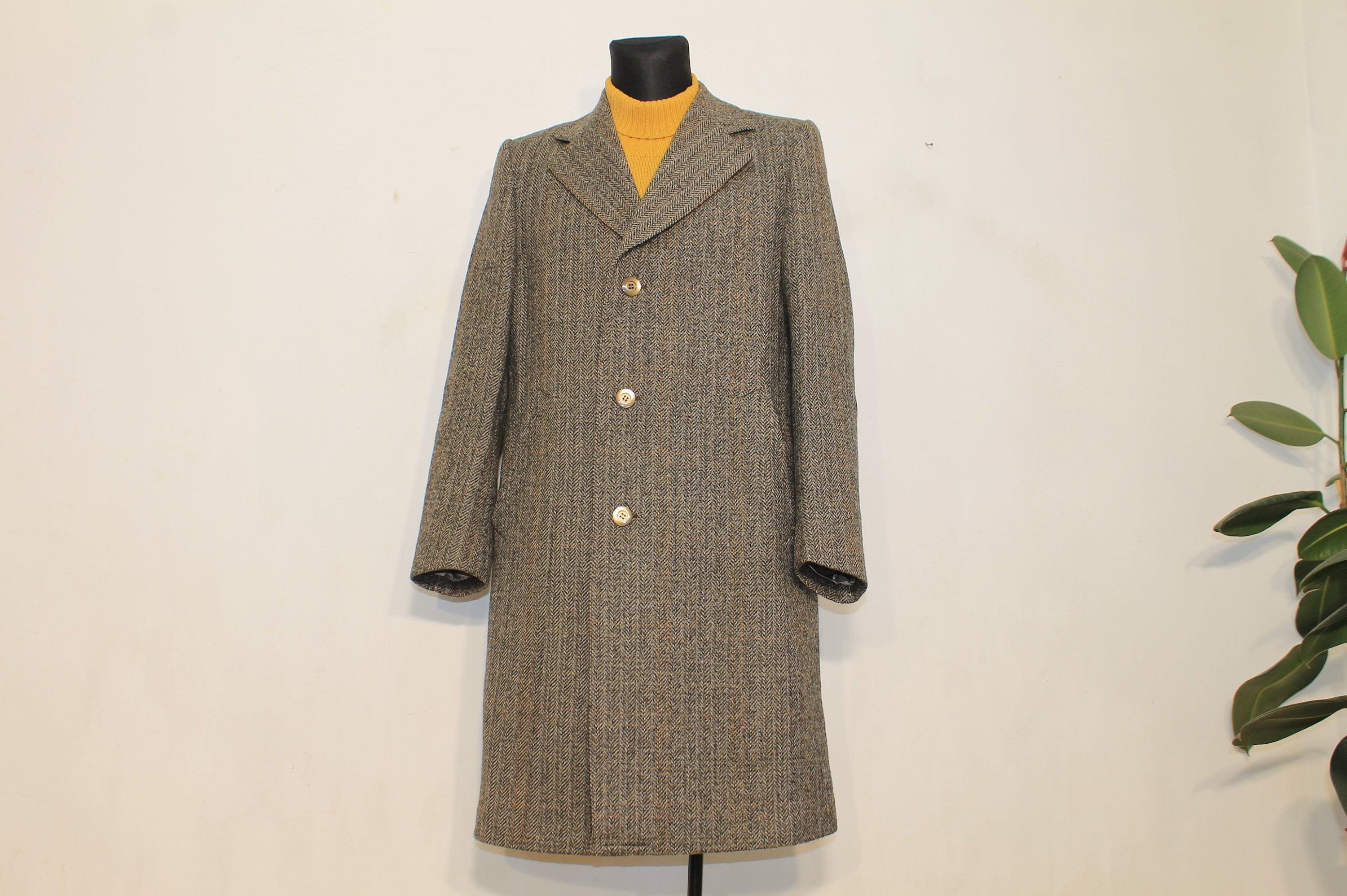 Wool Coat Vintage Men Brown Cheviot Tweed 70s Scottish Overcoat