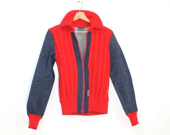 Vintage 70s Women&#39;s Denim Cable Knit Jacket - Italian Wool Blend Hippie Retro Zip-Up Jean Outerwear