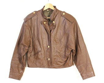 Short leather jacket Tan Brown Cropped Women - Military Style Victorian Size S
