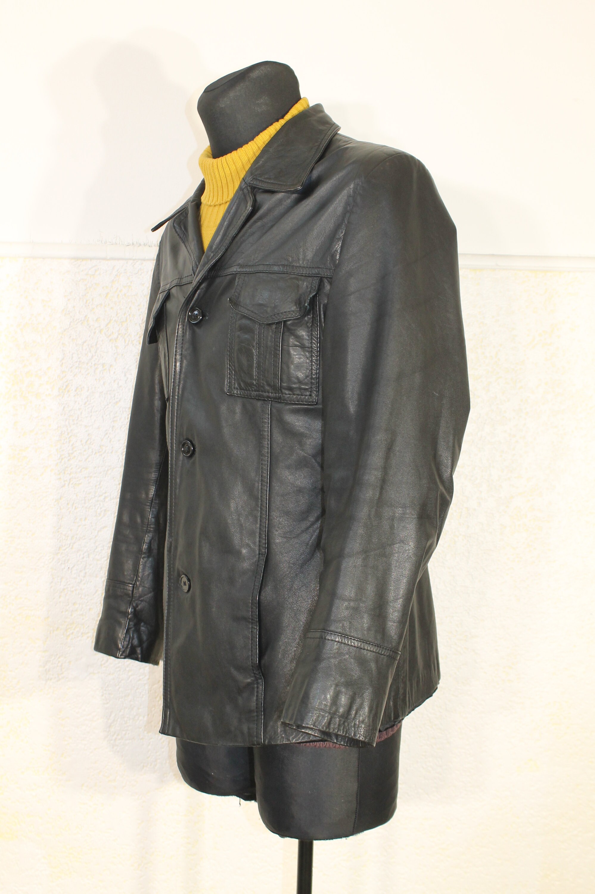Vintage Leather Jacket, Black Leather Jacket, 70s Leather Jacket Men, Detective Jacket