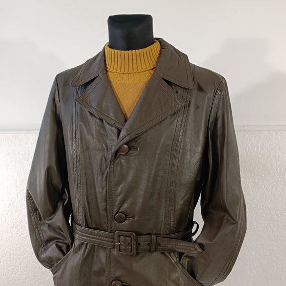 70s Vintage Brown Leather Trench coat, Belted tre… - image 7