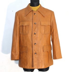 Vintage 70s Tan Safari Leather Jacket for Men - Genuine Brown Retro Outerwear, Size M, Gift for Him