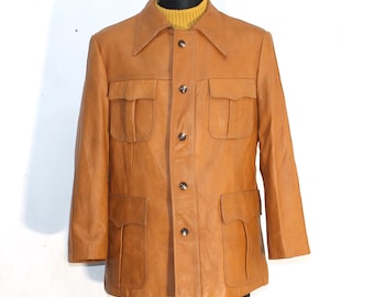 Safari Leather Jacket Men Tan Brown Genuine 70s Vintage Medium