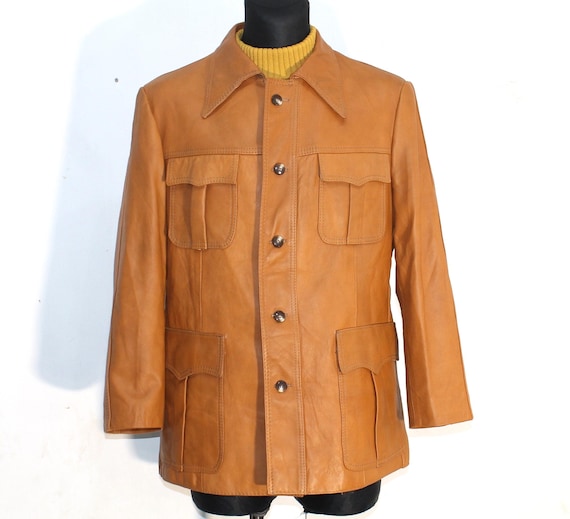 Safari Leather Jacket Men Tan Brown Genuine 70s Vintage Medium