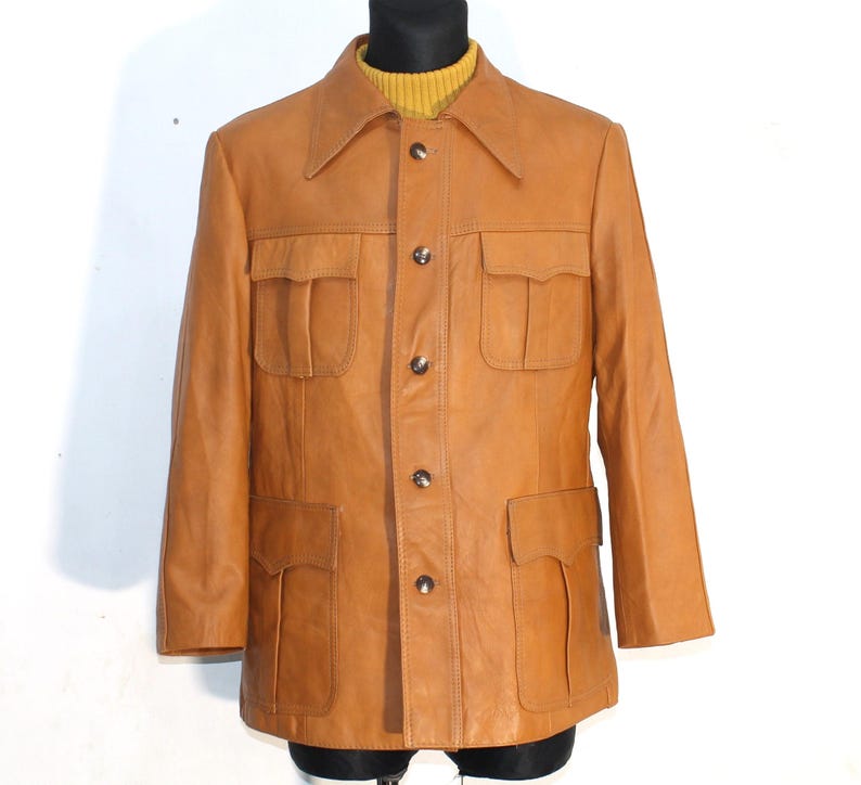Vintage 70s Tan Safari Leather Jacket for Men - Genuine Brown Retro Outerwear, Size Medium