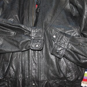 Vintage Italian 80s Black Leather Motorcycle Bomber Jacket with Plaid Liner Size L