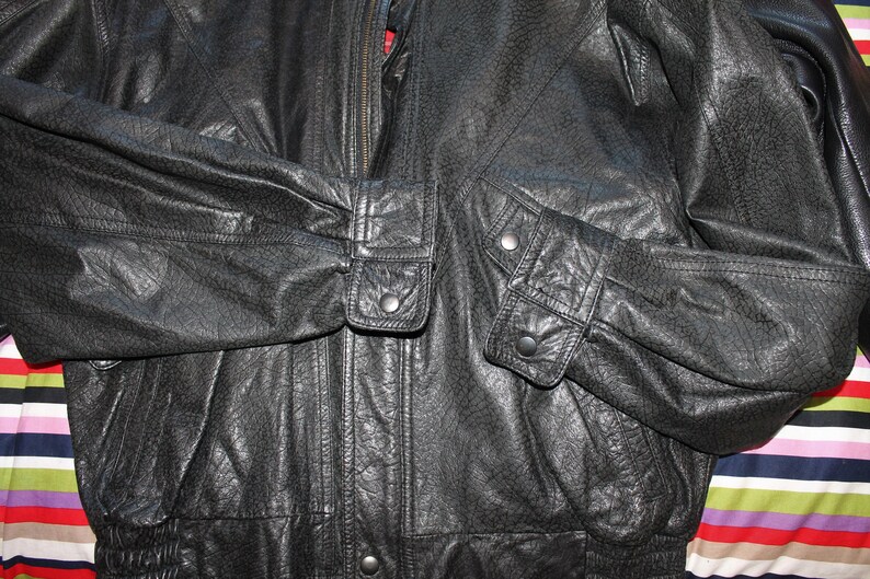 Vintage Italian 80s Black Leather Motorcycle Bomber Jacket with Plaid Liner Size L