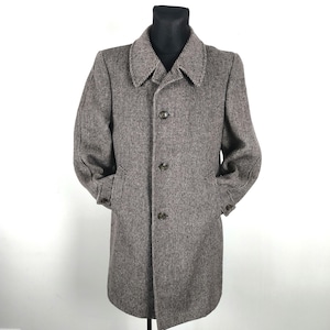 Houndstooth Wool Long Coat: Vintage Brown Tweed Medium Camel Overcoat