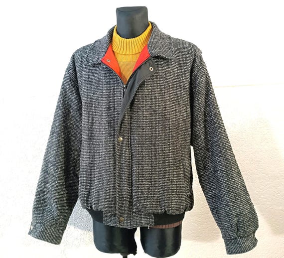 Men Tweed Jacket, Black Beige 70s Finnish Wool Harrington Size L 