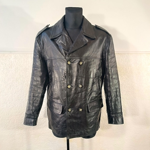 Men's Black Leather Double-breasted Trench Coat - Bonaventure