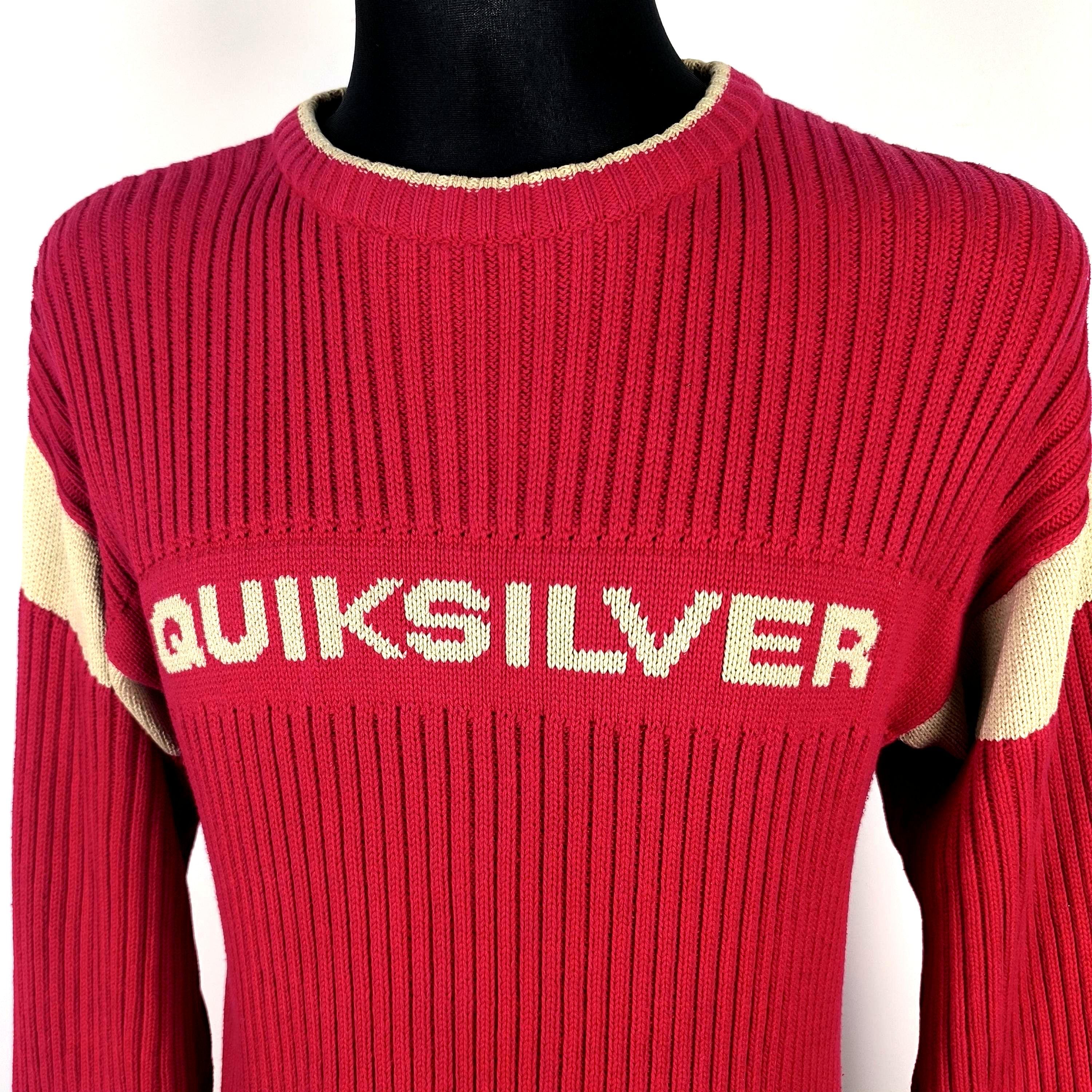 Vintage Quiksilver Red Ribbed Cotton Crew Neck Sweater Pullover 