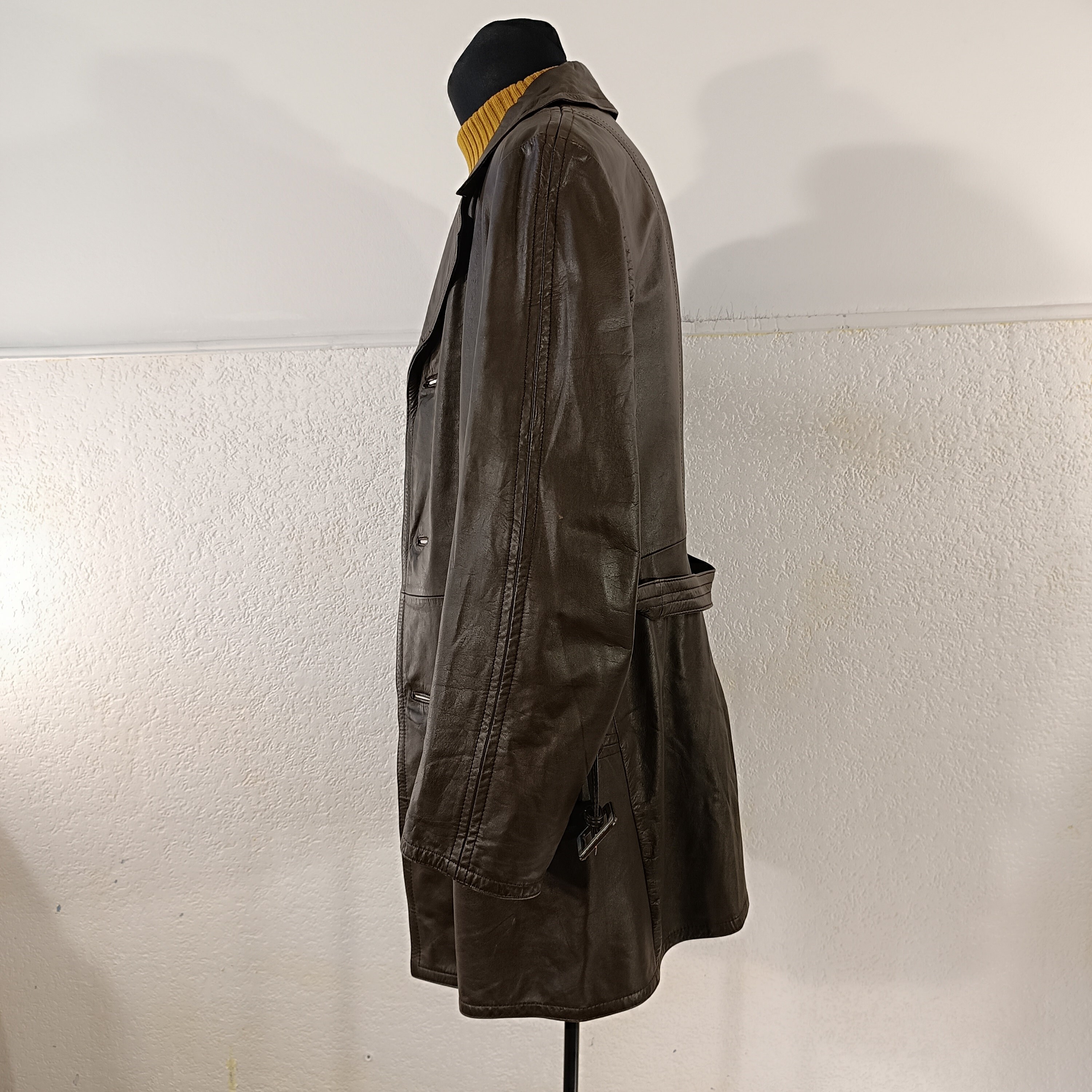 70s Vintage Brown Leather Trench Coat, Belted Trench Coat